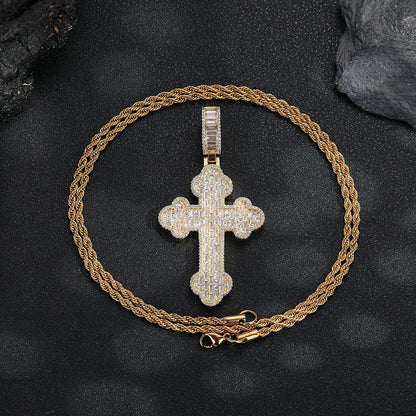 Iced Cross Pendant Rope Chain Necklace for Men, Hip Hop Pendant, Copper, Gold Tone or Silver Tone
