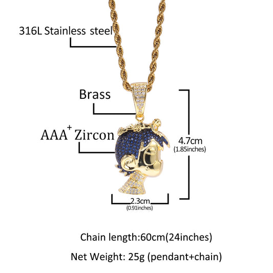 Iced Cartoon Head Pendant Necklace with Cuban or Rope Chain for Women & Men, Gold or Silver Tone Cubic Zirconia Statement Chain