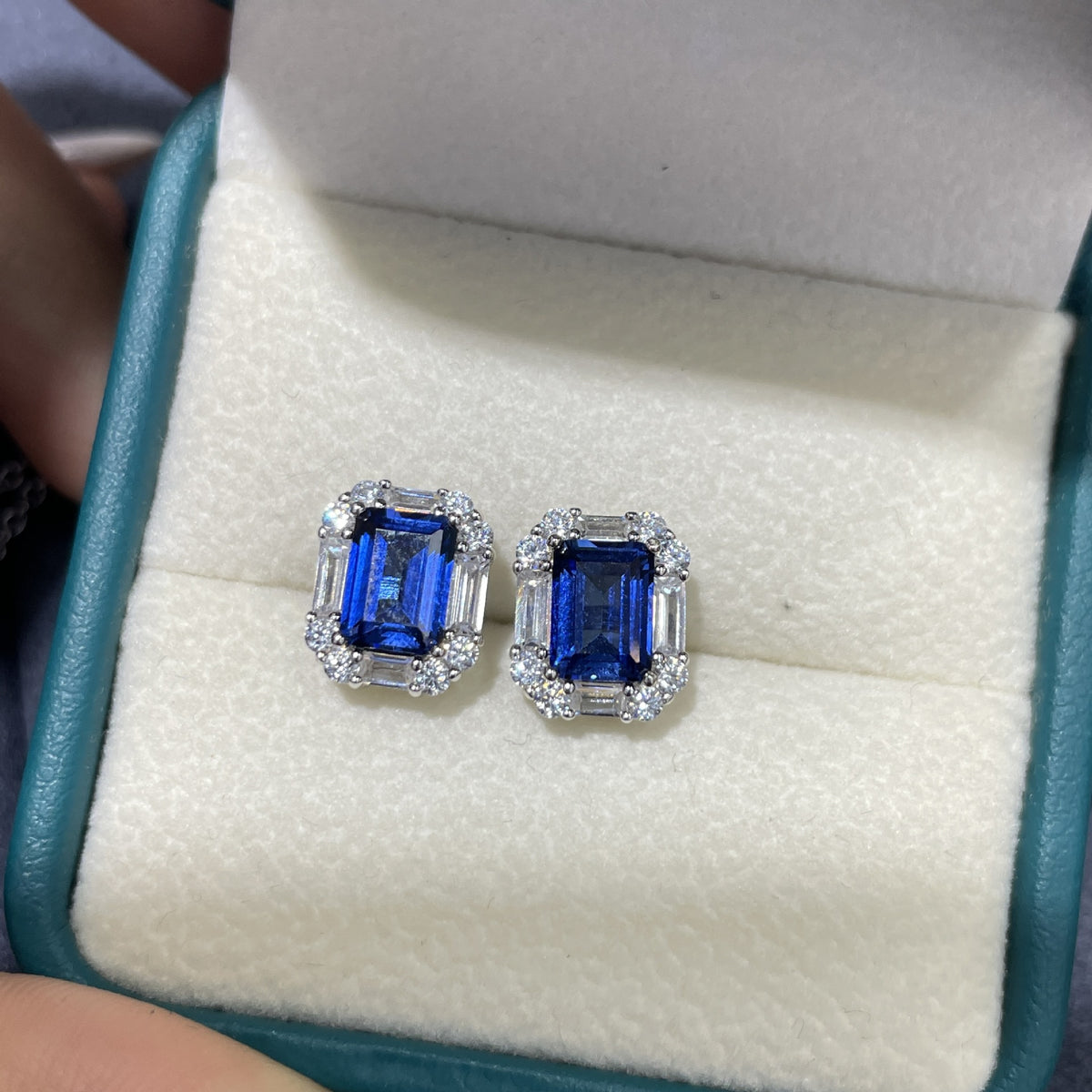 Blue Rectangular Sapphire Pendant Necklace with Halo Chain product image