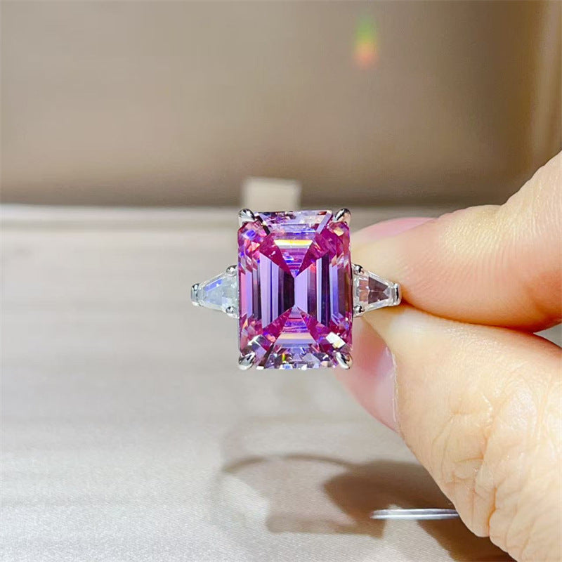 Pink Moissanite Ring for Women, Geometric Rectangle Engagement Ring with Side Stones product image