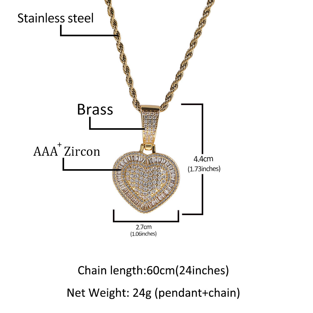 Heart Pendant Necklace with Cubic Zirconia Rope Chain for Women, Hip Hop Statement Gold Plated or Silver Plated Chain Necklace