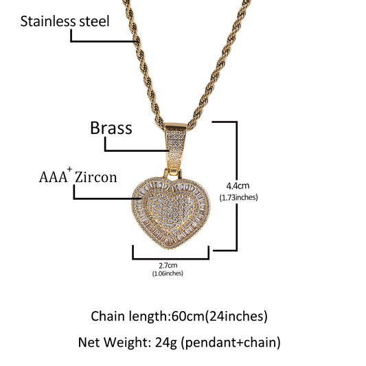 Heart Pendant Necklace with Cubic Zirconia Rope Chain for Women, Hip Hop Statement Gold Plated or Silver Plated Chain Necklace