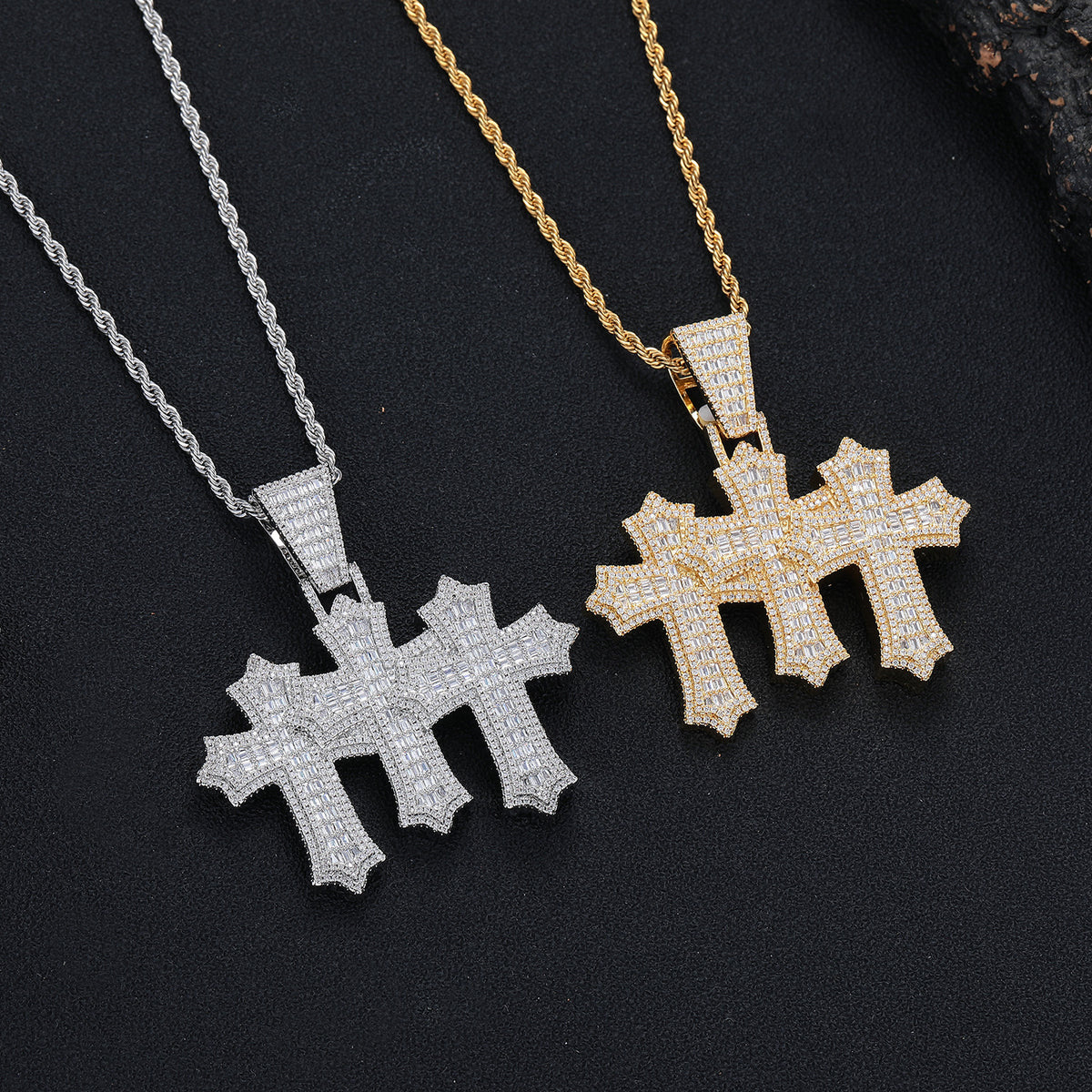 Triple Cross Pendant Necklace, 3MM Rope Chain, Zirconia Hip Hop Jewelry product image