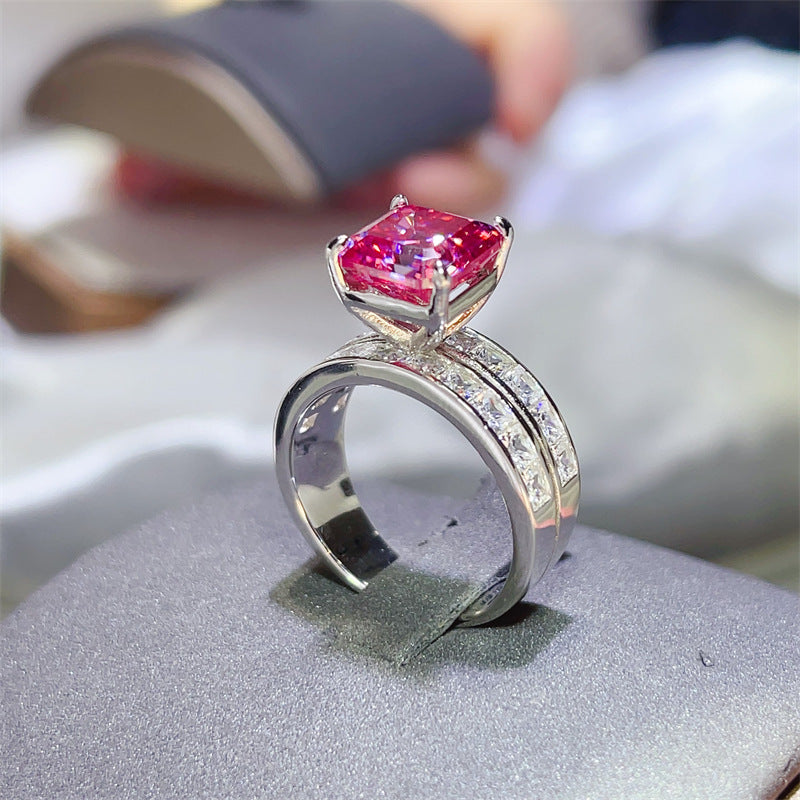 Pink Moissanite Ring with U-Shape Double Band, Square Cut Statement Ring product image