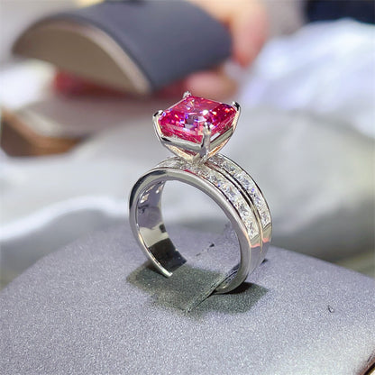 Pink Moissanite Ring with U-Shape Double Band, Square Cut Statement Ring