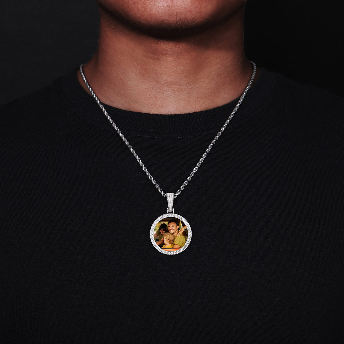 Iced Out Round Photo Pendant Necklace for Men and Women, Geometric Cuban Link Style Chain in Gold, Silver or Rose Gold Tone product image