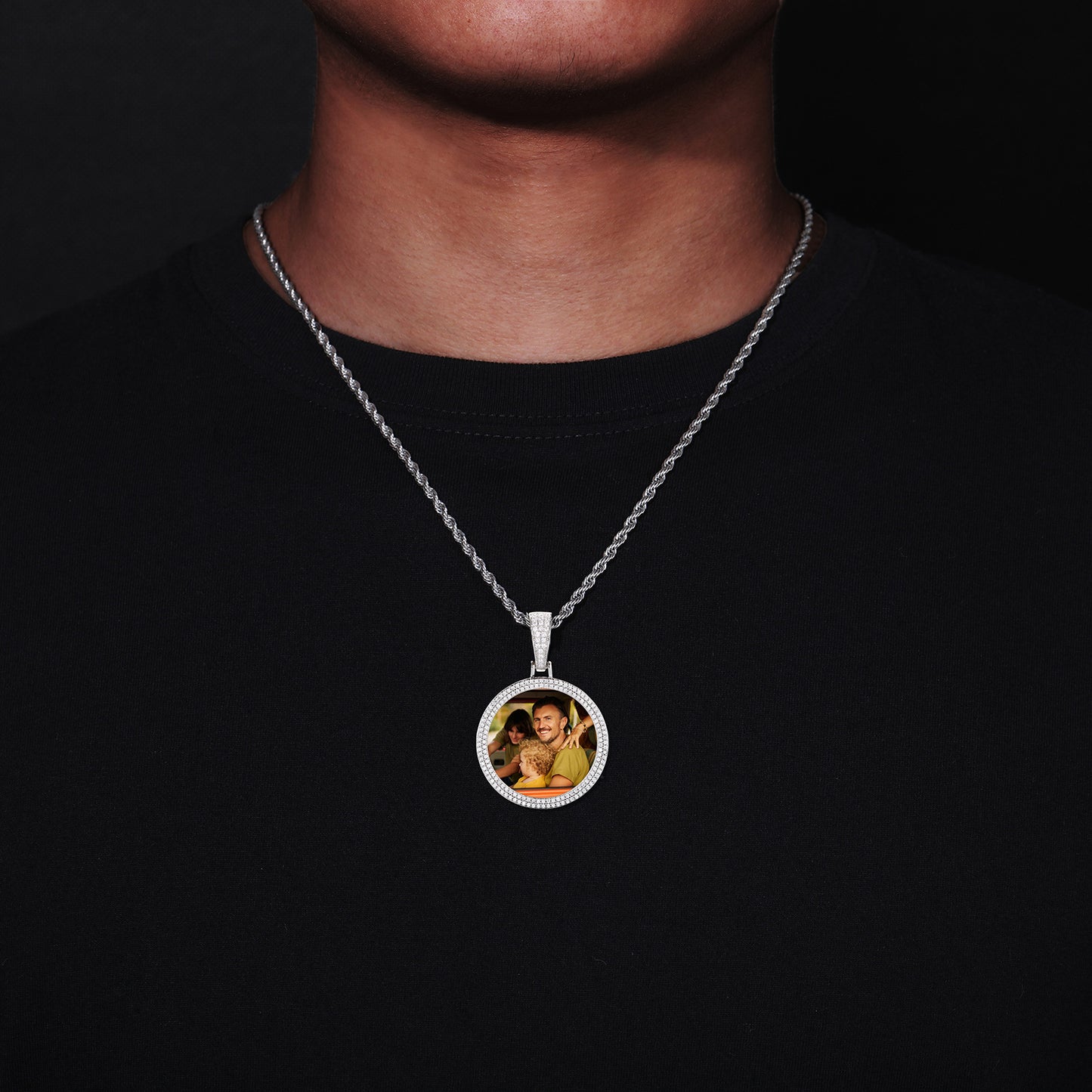 Iced Out Round Photo Pendant Necklace for Men and Women, Geometric Cuban Link Style Chain in Gold, Silver or Rose Gold Tone product image