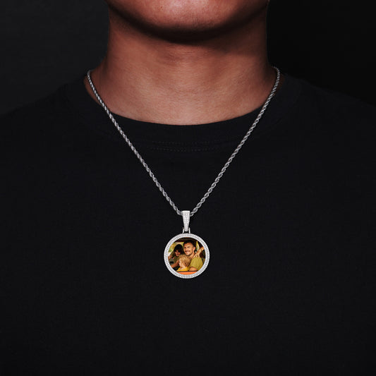Iced Out Round Photo Pendant Necklace for Men and Women, Geometric Cuban Link Style Chain in Gold, Silver or Rose Gold Tone alternate product image