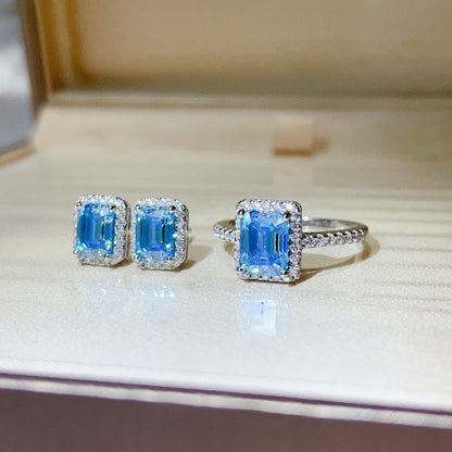 Blue Emerald-Cut Moissanite Ring and Stud Earrings Set, Halo Jewelry Set for Women