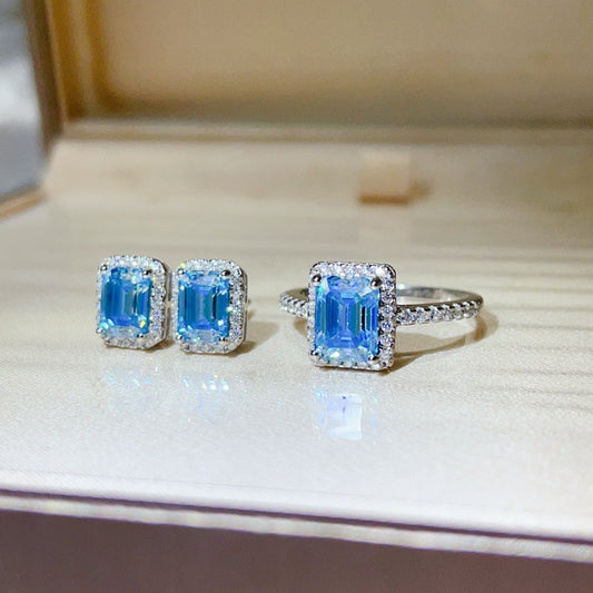 Blue Emerald-Cut Moissanite Ring and Stud Earrings Set, Halo Jewelry Set for Women