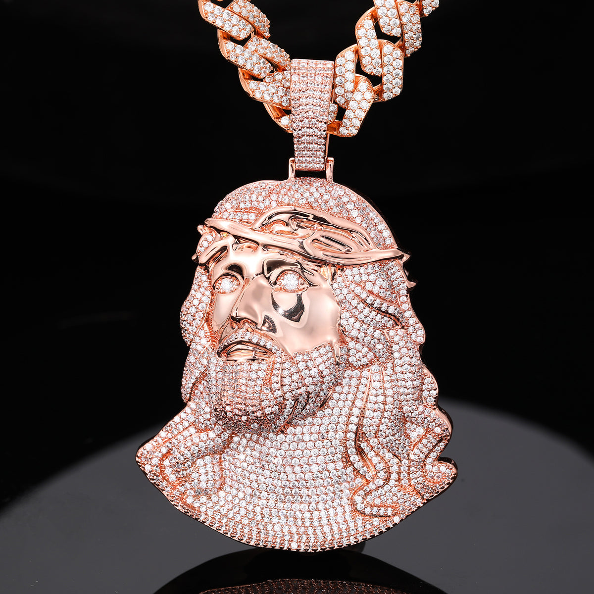 Iced Out Jesus Face Pendant Necklace with Cuban Link Chain, Silver Tone Cubic Zirconia Hip Hop Jewelry product image
