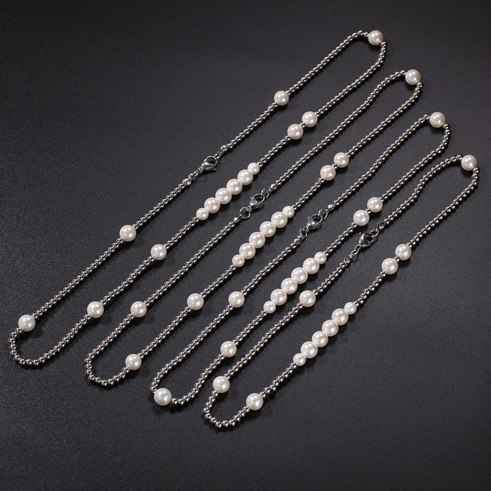 Unisex Layered Pearl Chain Necklace – Trendy Statement Pendant Necklace in Silver-Plated Line Design