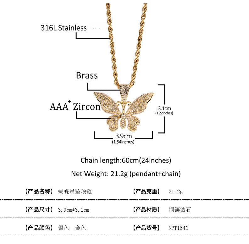 Iced Butterfly Pendant Necklace with Cuban or Rope Chain - Cubic Zirconia Statement Chain for Women and Men product image