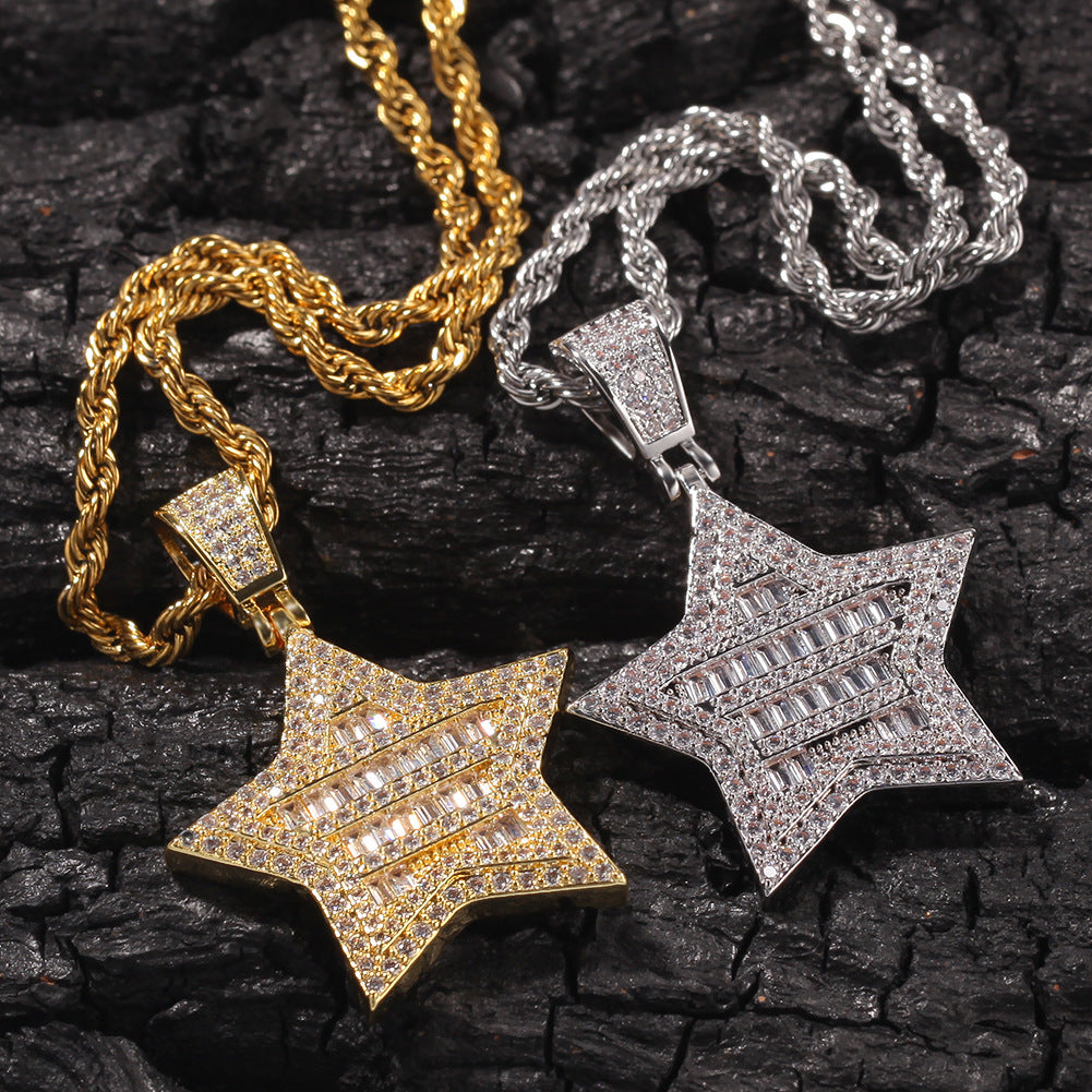 Iced Out Star Pendant Necklace for Women & Men - Cubic Zirconia Hip Hop Chain in Gold or Silver, Twist or Cuban Link
