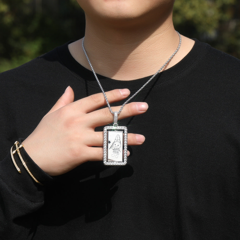 Unisex Square Rotating Photo Pendant Necklace with Cubic Zirconia Twisted Chain