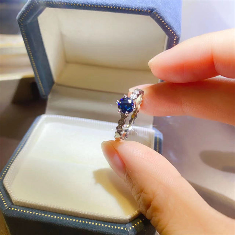 Blue Moissanite Ring for Women, U-Shaped Band Solitaire Engagement Ring product image