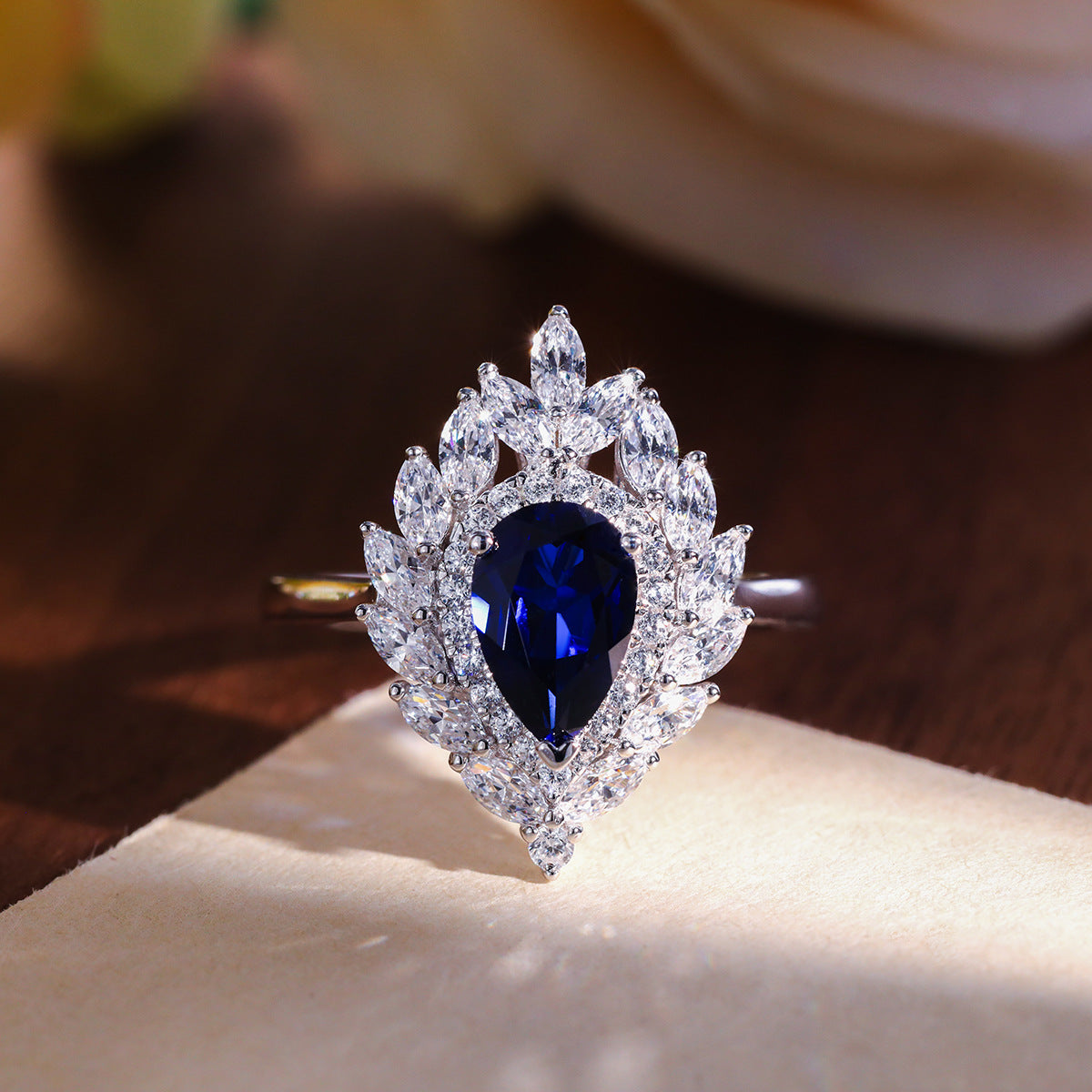 925 Silver Blue Teardrop Halo Ring and Earrings Set product image