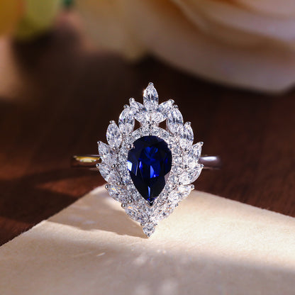925 Silver Blue Teardrop Halo Ring and Earrings Set