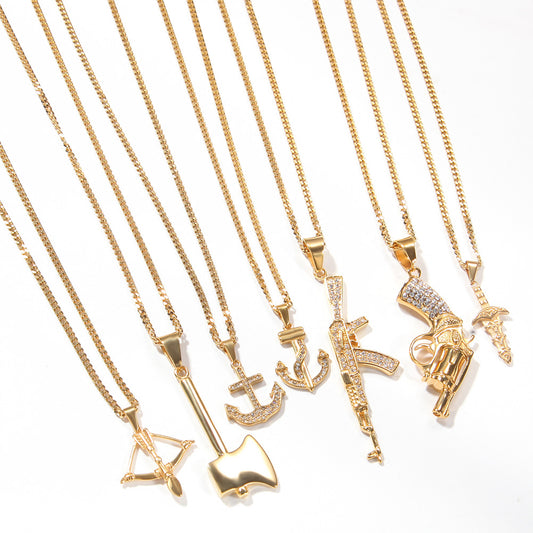 Gold Plated Stainless Steel Statement Pendant Necklace with Cuban Chain - Dagger, Machine Gun, Bow and Arrow, Anchor, Axe Charm Necklace