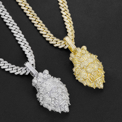 Lion Head Cubic Zirconia Pendant Necklace, Cuban Chain Streetwear Hip Hop Jewelry, 24 Inch Twisted Chain, White Tone / Yellow Tone