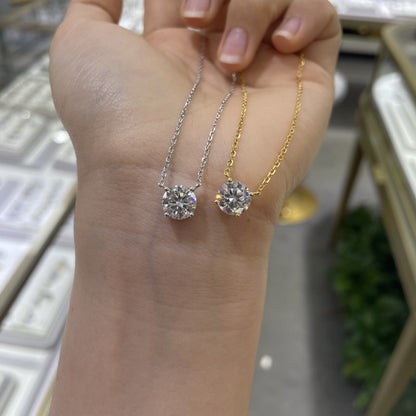 Round Moissanite Pendant Necklace, 4-Prong Solitaire, 18K Gold Plated S925 Silver