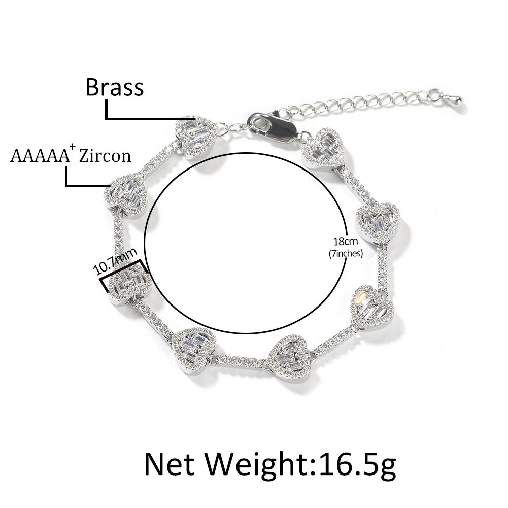 Iced Heart Chain Necklace Bracelet with Cubic Zirconia, Gold or Silver Tone Unisex Statement Jewelry