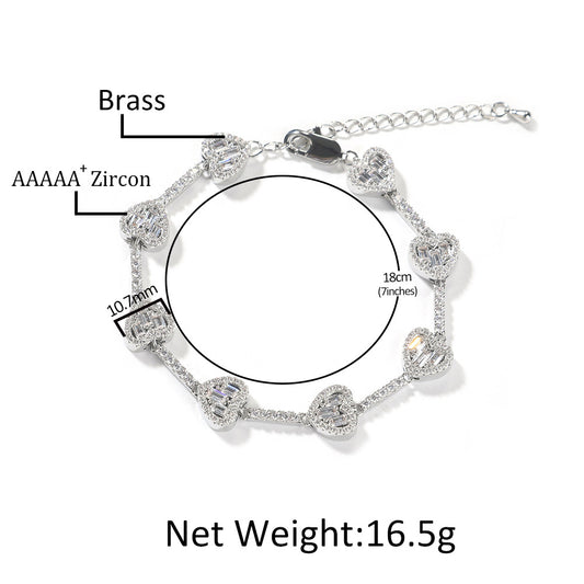 Iced Heart Chain Necklace Bracelet with Cubic Zirconia, Gold or Silver Tone Unisex Statement Jewelry