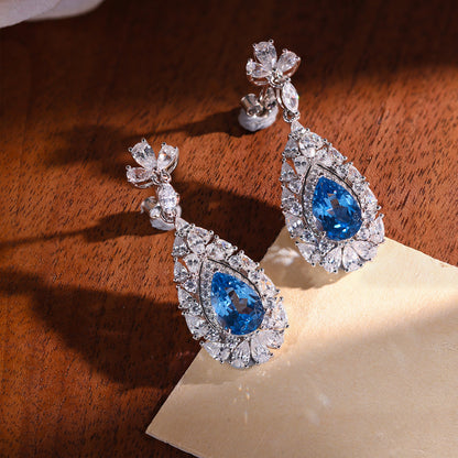 Blue Teardrop Drop Earrings, 925 Silver Crystal Halo Dangle Earrings
