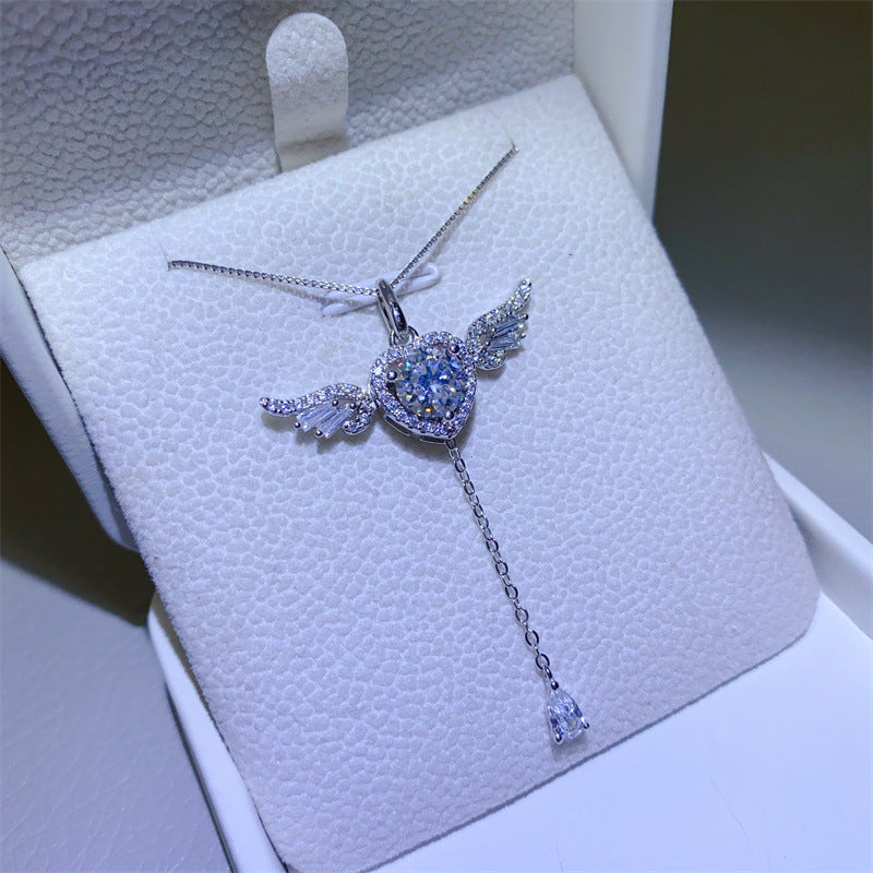 925 Silver Moissanite Angel Wing Heart Necklace with 1 Carat Pendant product image