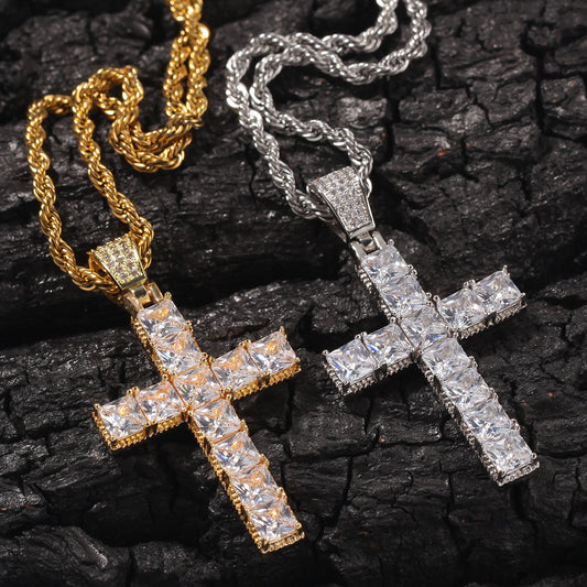 Iced Cross Pendant Necklace with Square Cubic Zirconia - Gold or Silver Tone Stainless Steel Rope Chain or Cuban Chain for Women and Men