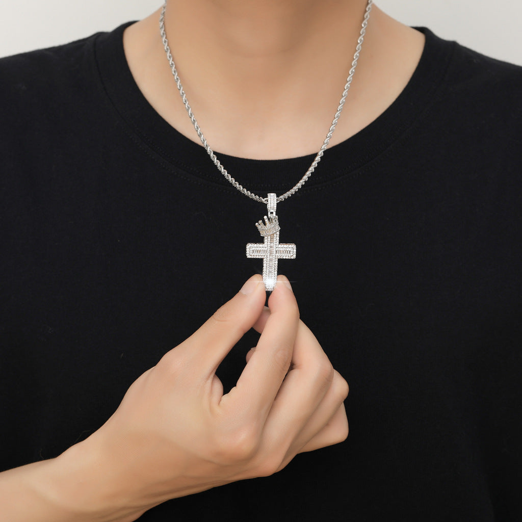 Hip Hop Vintage Cross Crown Copper Pendant Necklace for Men and Women