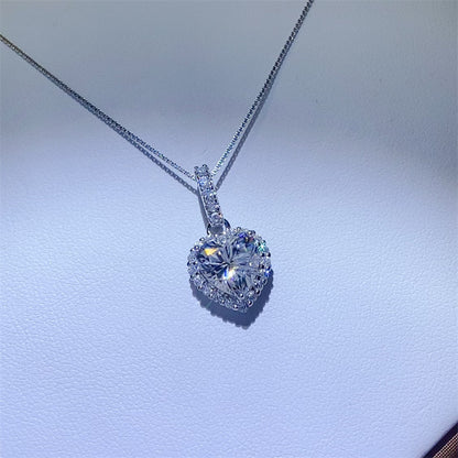 Heart Moissanite Pendant Necklace with Paved Halo Chain
