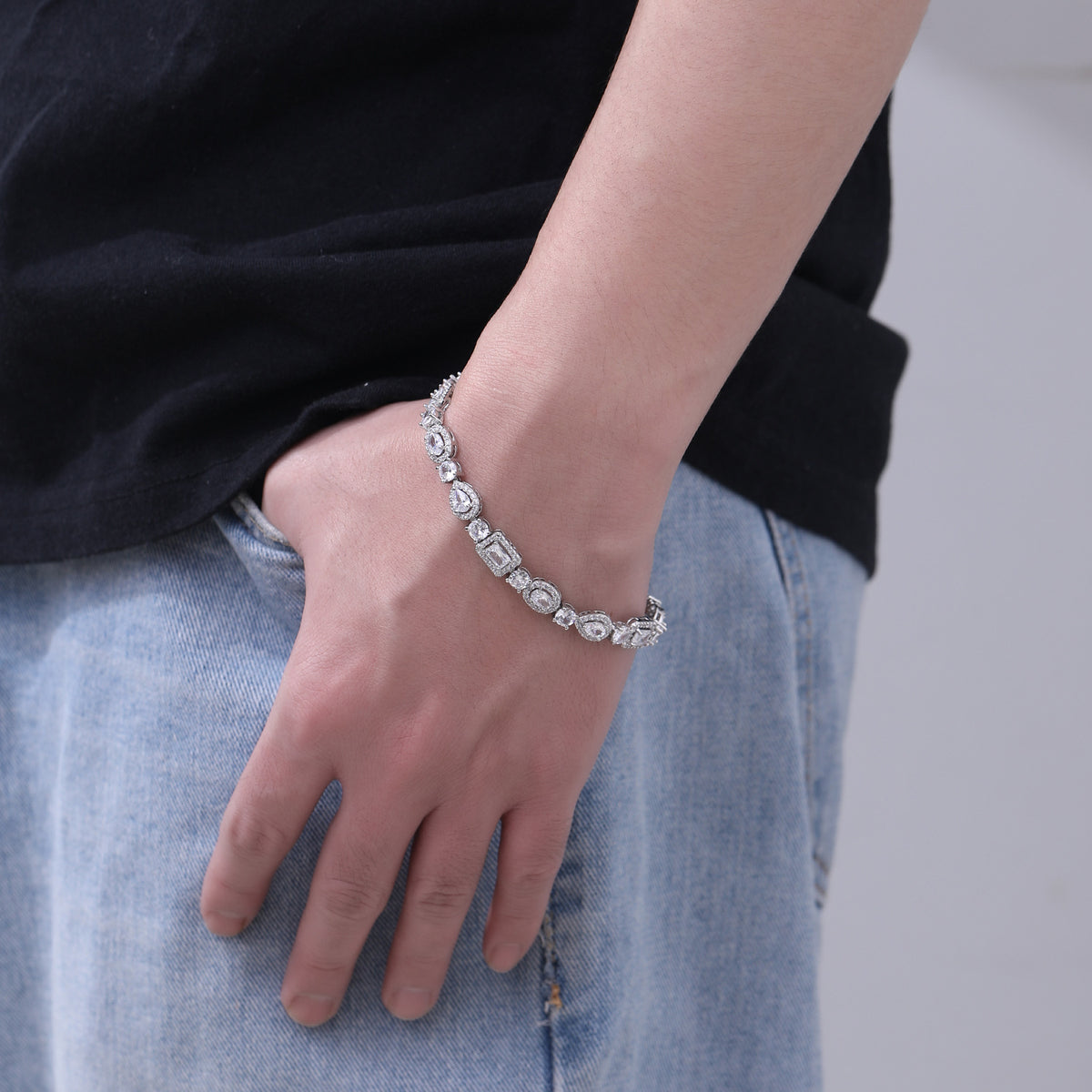 Geometric Cubic Zirconia Tennis Bracelet, Korean Style Link Bangle for Men Women, 8mm Width, 6-9 Inch Sizes product image