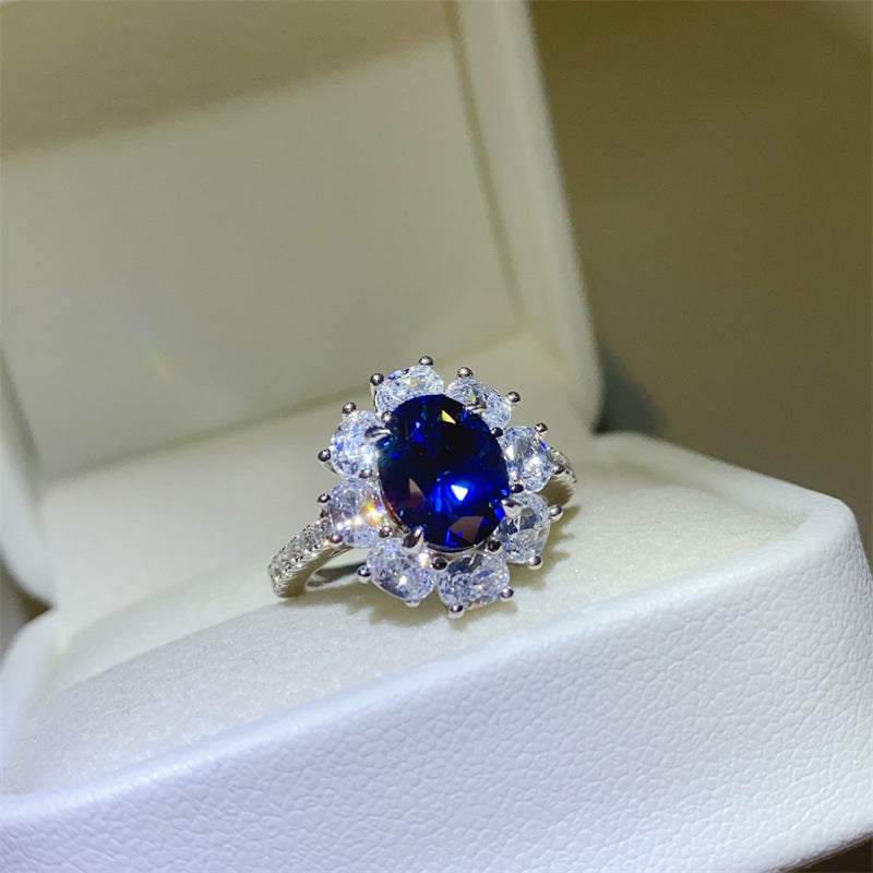 Blue Moissanite Halo Ring for Women, Oval Statement Engagement Ring, Promise Ring Gift product image