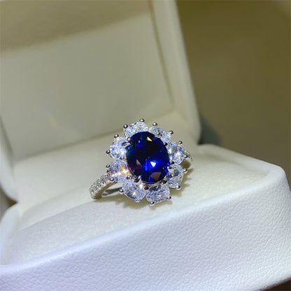 Blue Moissanite Halo Ring for Women, Oval Statement Engagement Ring, Promise Ring Gift