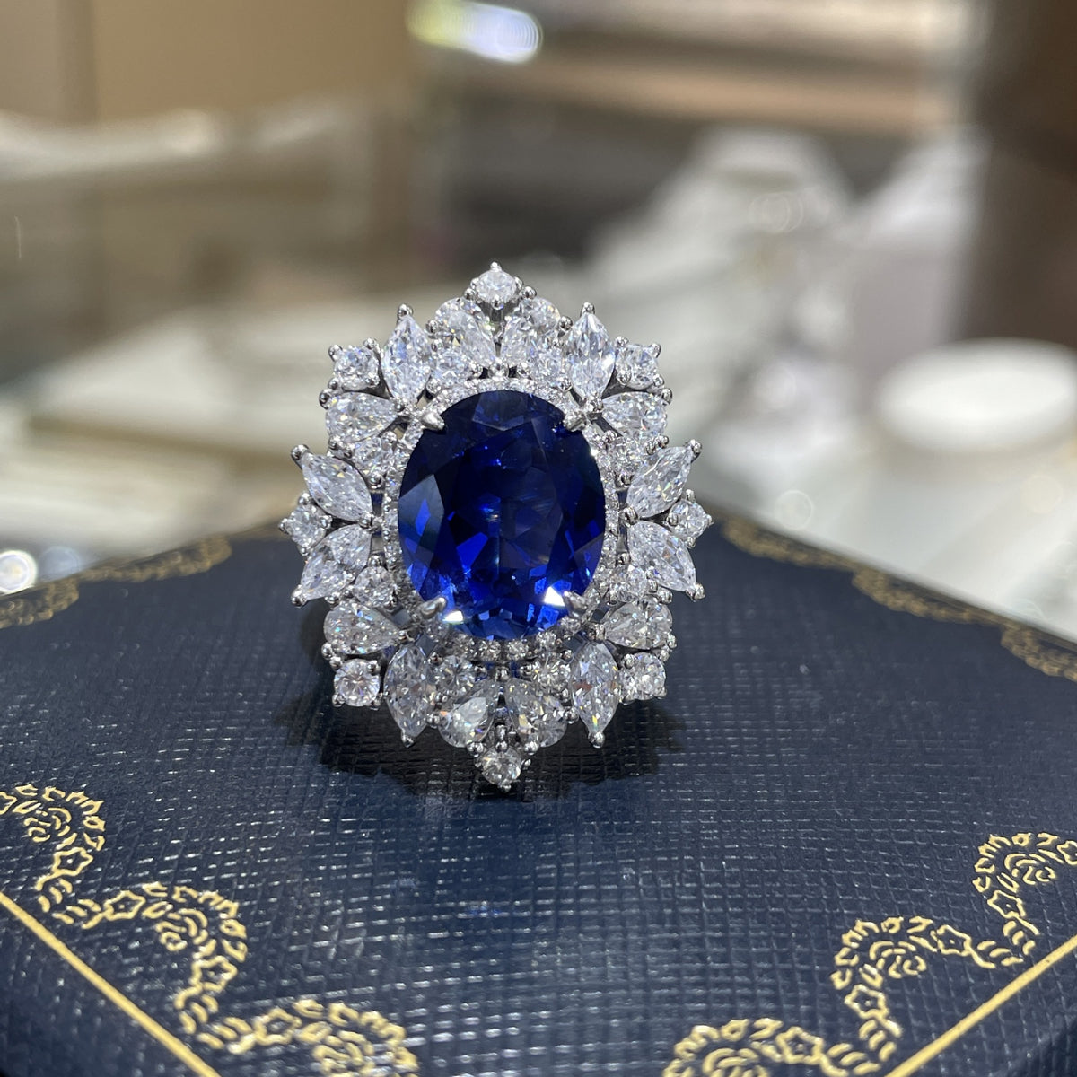 S925 Sterling Silver Lab-Created Blue Sapphire Necklace and Earrings Set, Floral Halo Jewelry for Women product image