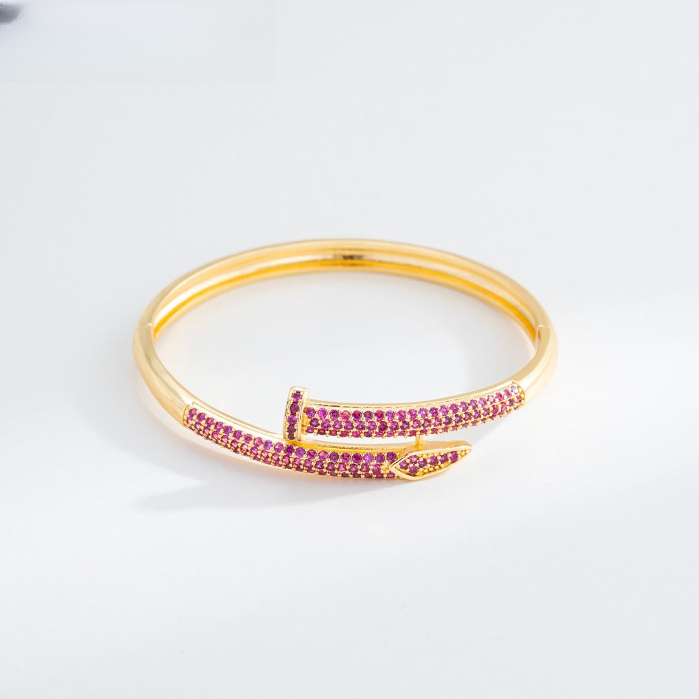 Minimalist Nail Bangle Bracelet for Women – Gold Plated Copper Bracelet with Crystal Pavé