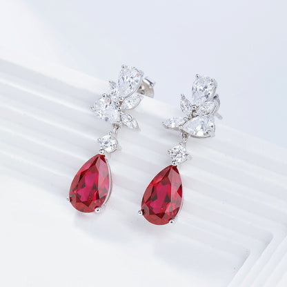 925 Silver Lab-Created Ruby Teardrop Drop Earrings