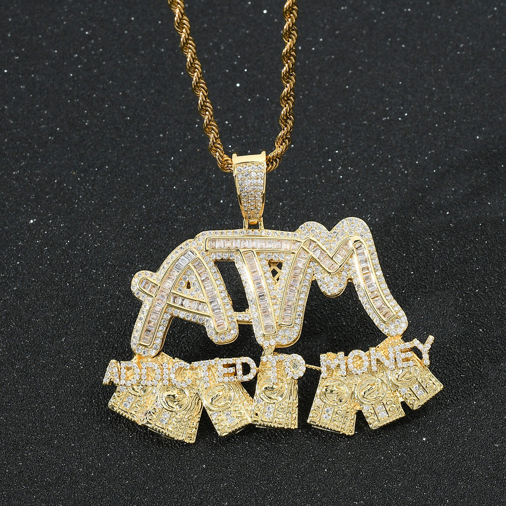 Hip Hop Letter Dollar Cubic Zirconia Pendant Necklace for Men and Women