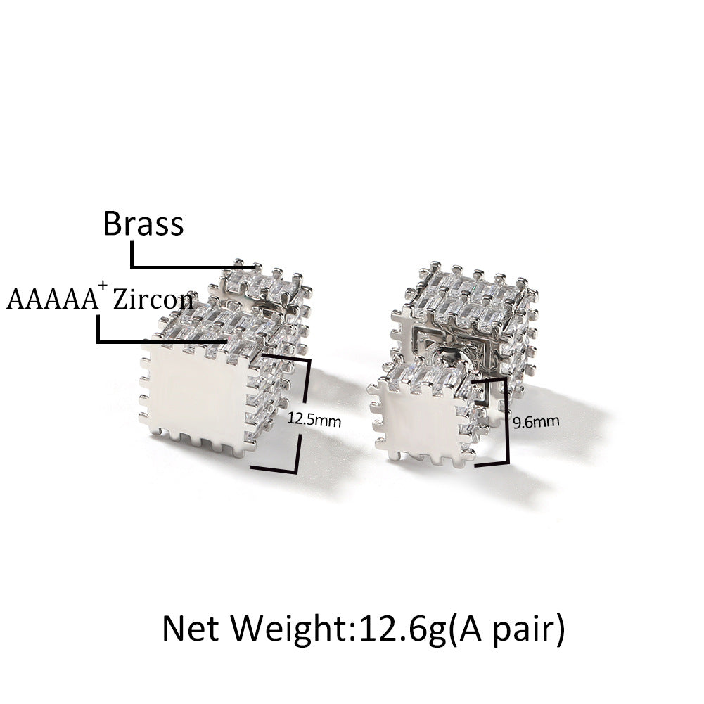 Unisex Square Cubic Zirconia Stud Earrings in Gold or Silver Tone Hip Hop Statement Jewelry