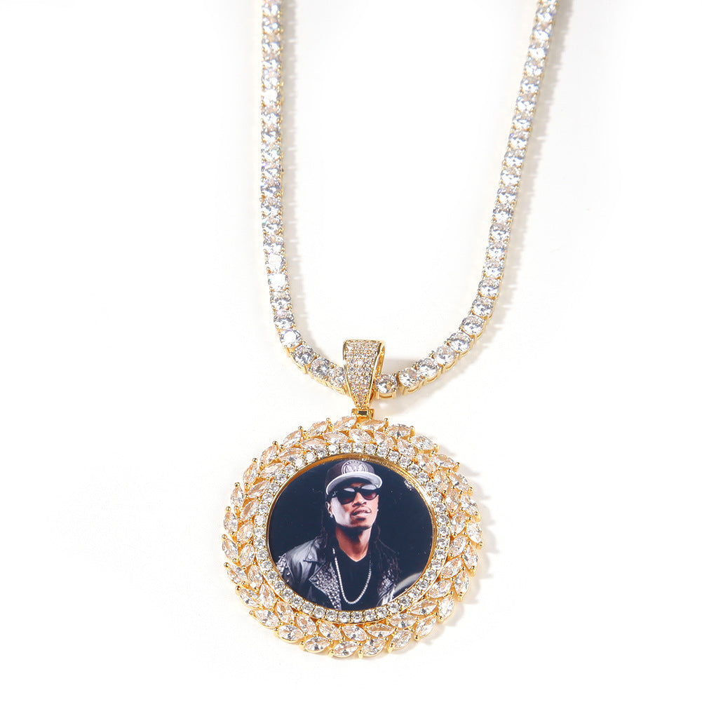 Custom Wheat Leaf Photo Pendant Necklace with Cubic Zirconia Twisted Chain for Women and Men