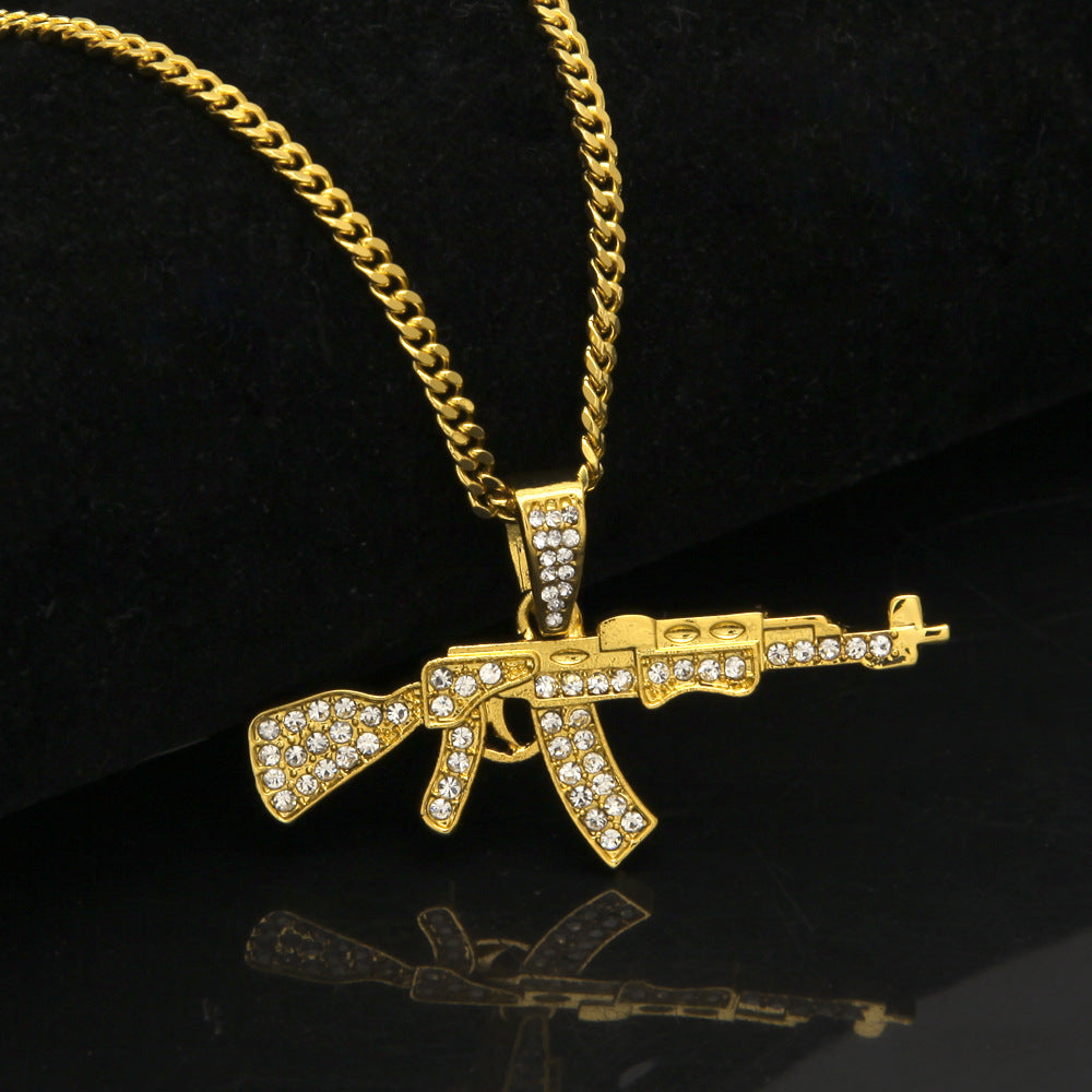 Rhinestone Rifle Pendant Necklace with 3mm Cuban Chain – Gold Plated or Silver Plated Hip Hop Statement Jewelry product image