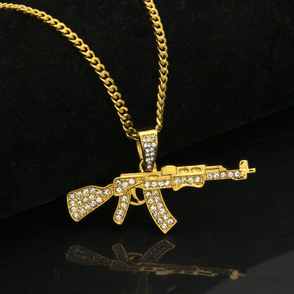 Rhinestone Rifle Pendant Necklace with 3mm Cuban Chain – Gold Plated or Silver Plated Hip Hop Statement Jewelry