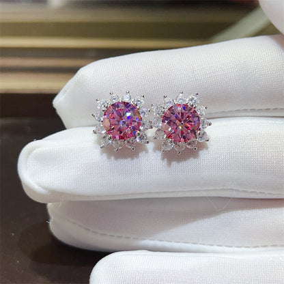 Pink Round Moissanite Stud Earrings with Halo Accent for Women