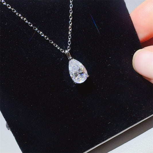 Teardrop Moissanite Pendant Necklace for Women, White Tone Clavicle Chain, 3 Carat Pear Drop Necklace