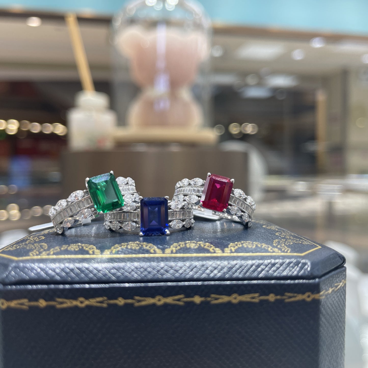 18K Gold Plated Colored Stone Ring for Women, S925 Silver Halo Ring with Rectangular Lab-Grown Center Stone product image