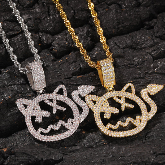Cartoon Cat Cubic Zirconia Pendant Necklace for Women and Teen Girls – Gold or Silver Tone Hip Hop Statement Chain