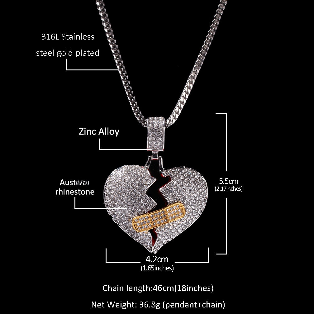 Iced Broken Heart Pendant Necklace with 24 Inch Stainless Steel Rope Chain for Women and Men product image