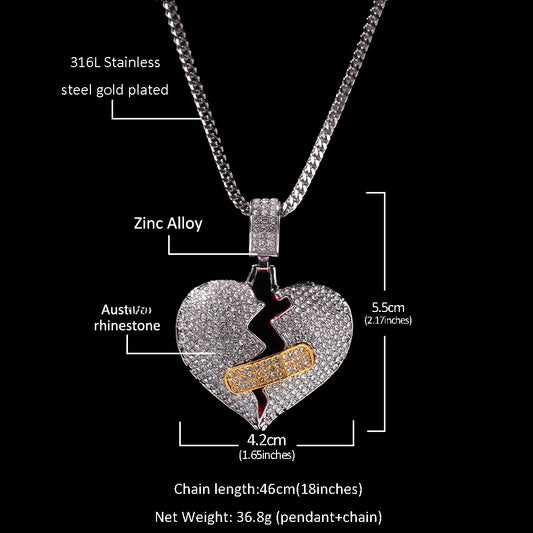 Iced Broken Heart Pendant Necklace with 24 Inch Stainless Steel Rope Chain for Women and Men