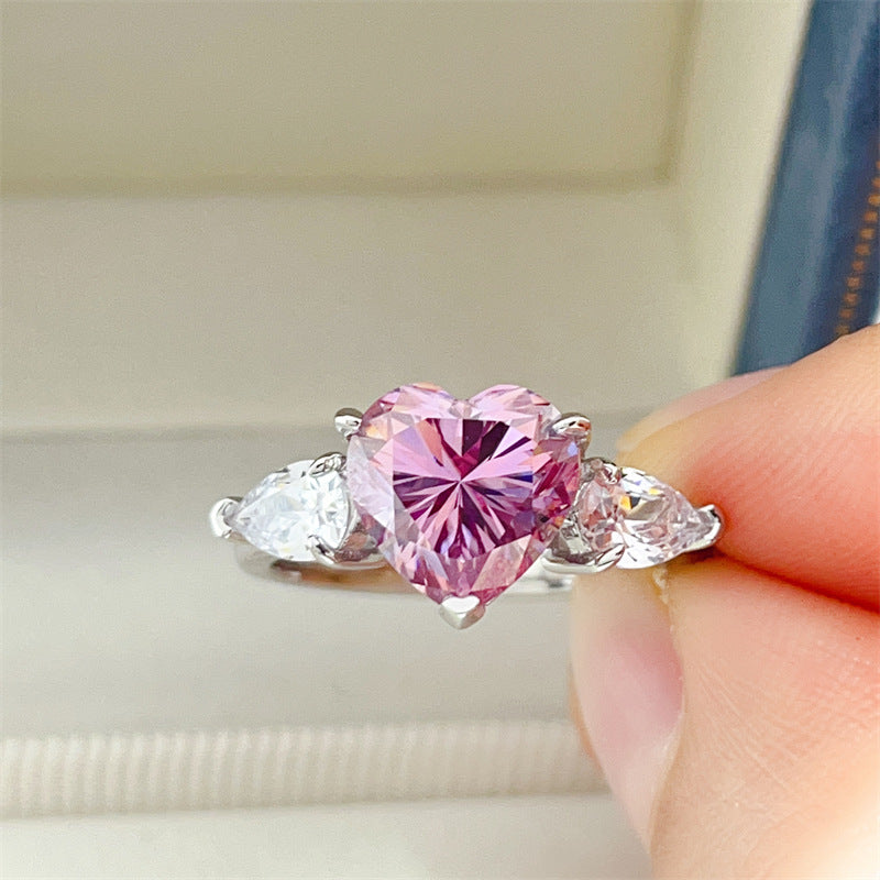 Pink Heart Moissanite Ring for Women, Three-Stone Engagement Ring, Promise Ring Gift product image